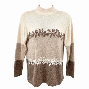 VINTAGE SEGUE MULTI HUE BEIGE BROWN FLORAL SILK ANGORA MOCK NECK SWEATER - M